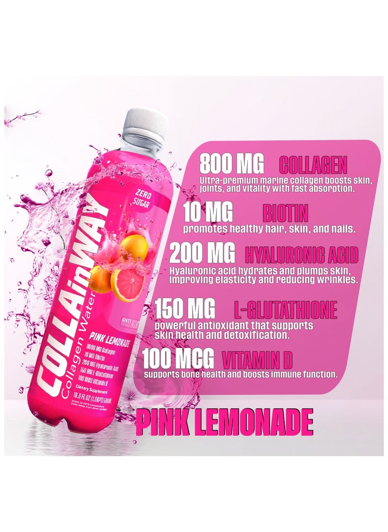 COLLAinWay - COLLAinWay Collagen Drink 8000mg Pink Lemonade - Zero Sugar , Biotin, Hyaluronic Acid, L-Glutathione, Vitamin D - Support Hair, Skin, Nail & Bone Health, Anti-Aging Hydrating Beauty Beverage Pack of 12 - Image 1