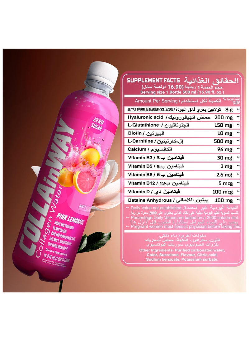 COLLAinWay - COLLAinWay Collagen Drink 8000mg Pink Lemonade - Zero Sugar , Biotin, Hyaluronic Acid, L-Glutathione, Vitamin D - Support Hair, Skin, Nail & Bone Health, Anti-Aging Hydrating Beauty Beverage Pack of 12 - Image 1