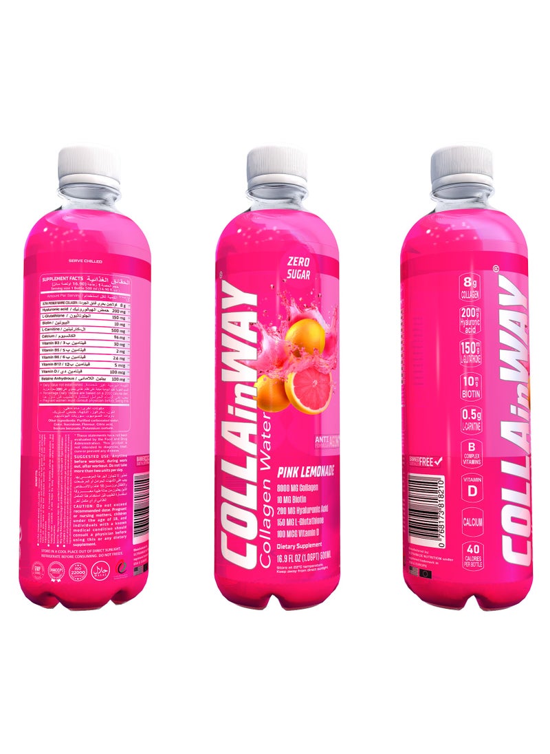 COLLAinWay - COLLAinWay Collagen Drink 8000mg Pink Lemonade - Zero Sugar , Biotin, Hyaluronic Acid, L-Glutathione, Vitamin D - Support Hair, Skin, Nail & Bone Health, Anti-Aging Hydrating Beauty Beverage Pack of 12 - Image 1