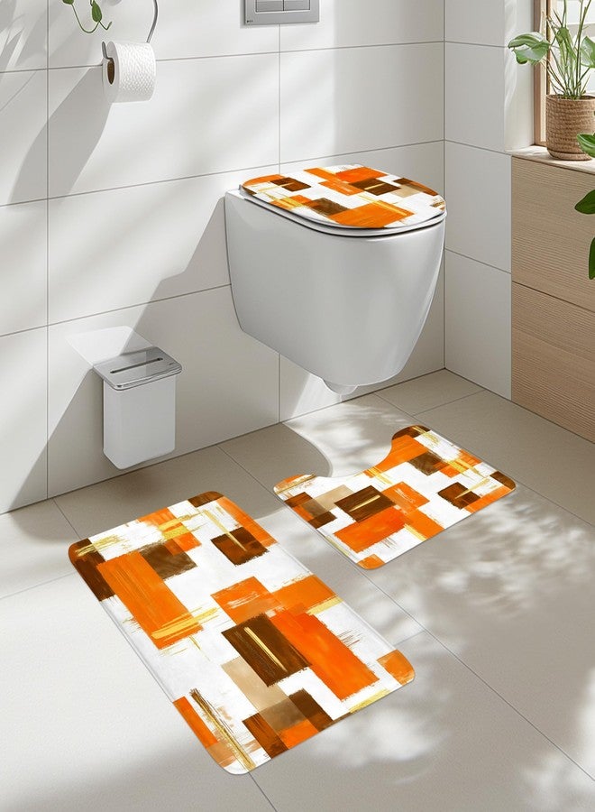 Cinbloo 4Pcs Orange Gold Shower Curtain Set,Abstract Girls Ombre Blush Simple Words Oil Painting Modern Bathroom Curtain with Rug, Toilet Lid Cover, Bath Mat,Geometrical Shower Curtain with 12 Hooks - Image 2