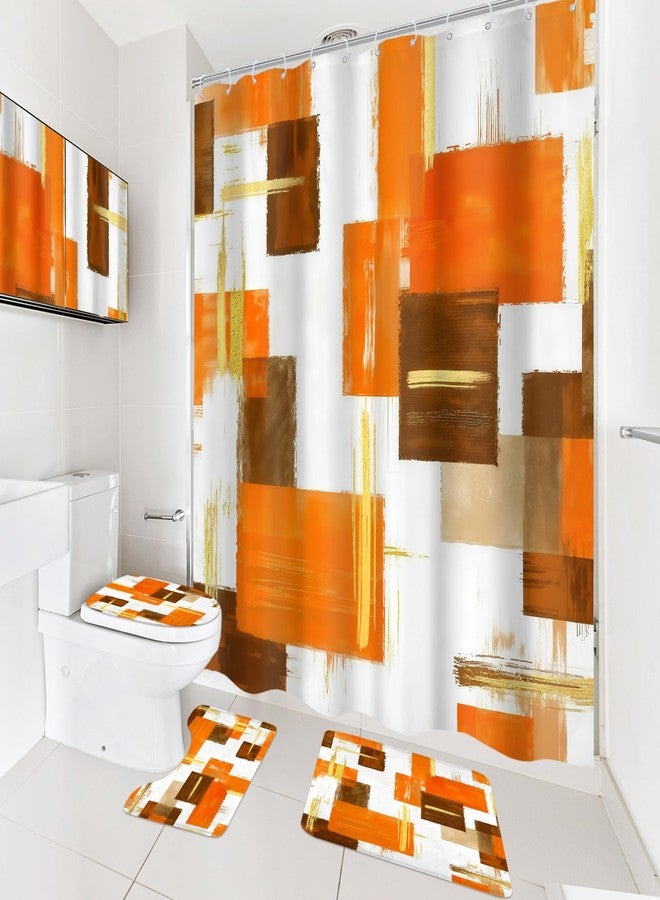 Cinbloo 4Pcs Orange Gold Shower Curtain Set,Abstract Girls Ombre Blush Simple Words Oil Painting Modern Bathroom Curtain with Rug, Toilet Lid Cover, Bath Mat,Geometrical Shower Curtain with 12 Hooks - Image 4