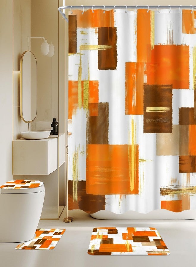 Cinbloo 4Pcs Orange Gold Shower Curtain Set,Abstract Girls Ombre Blush Simple Words Oil Painting Modern Bathroom Curtain with Rug, Toilet Lid Cover, Bath Mat,Geometrical Shower Curtain with 12 Hooks - Image 1