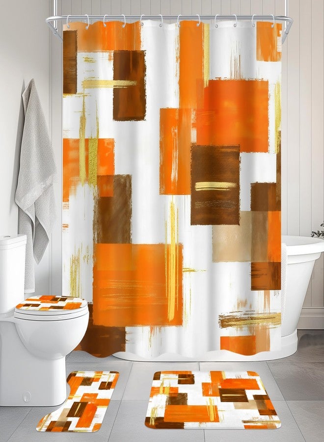 Cinbloo 4Pcs Orange Gold Shower Curtain Set,Abstract Girls Ombre Blush Simple Words Oil Painting Modern Bathroom Curtain with Rug, Toilet Lid Cover, Bath Mat,Geometrical Shower Curtain with 12 Hooks - Image 3