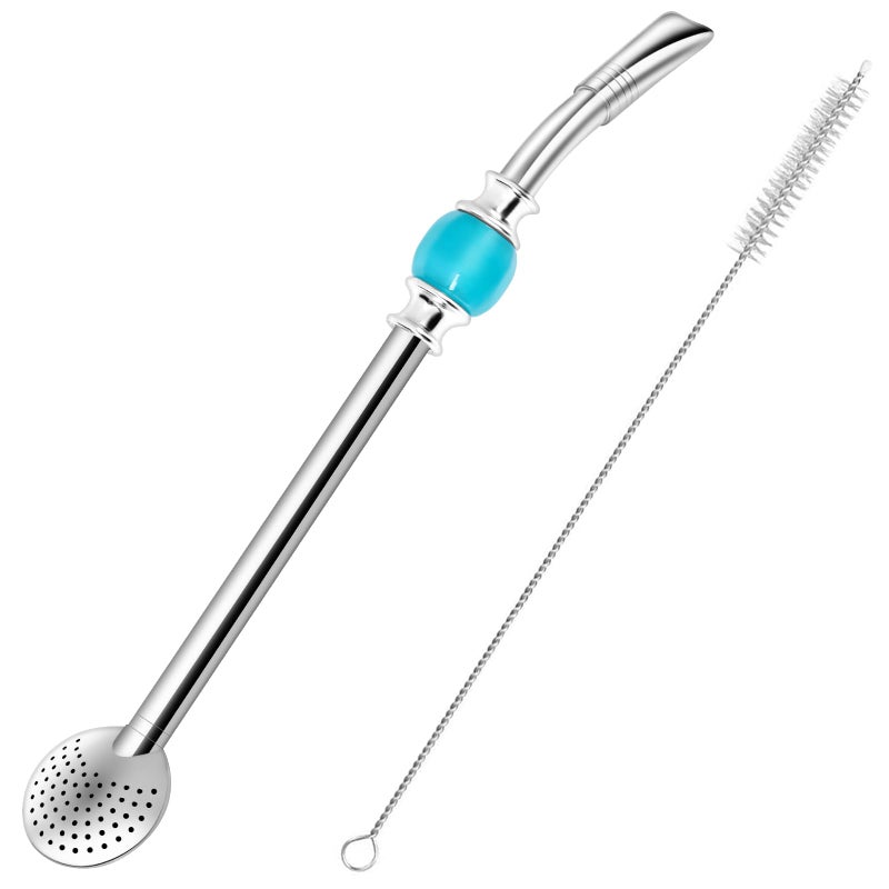 Beruth Reusable Bombilla Yerba Mate Straw - Stainless Steel Removable Spoon Style Filter with a Beautiful Bead - Metal Straw for Drinking Loose Leaf Tea - Includes Cleaning Brush(Blue) - Image 1