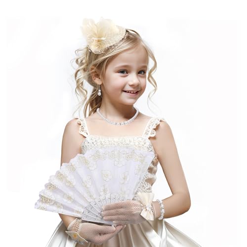 Zinniday Girls Fascinator Tea Hat Tea Party Set for 1920s Costume Party Off White Church Top Hats with Pearl Necklace Earring Hand Fan and Lace Gloves Set - Image 1