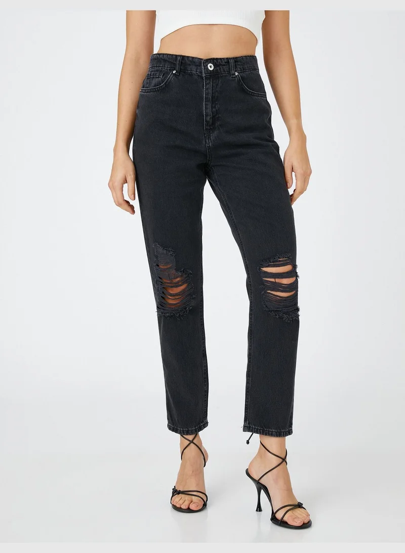 KOTON Destroyed High Waist Denim Trousers - Mom Jean
