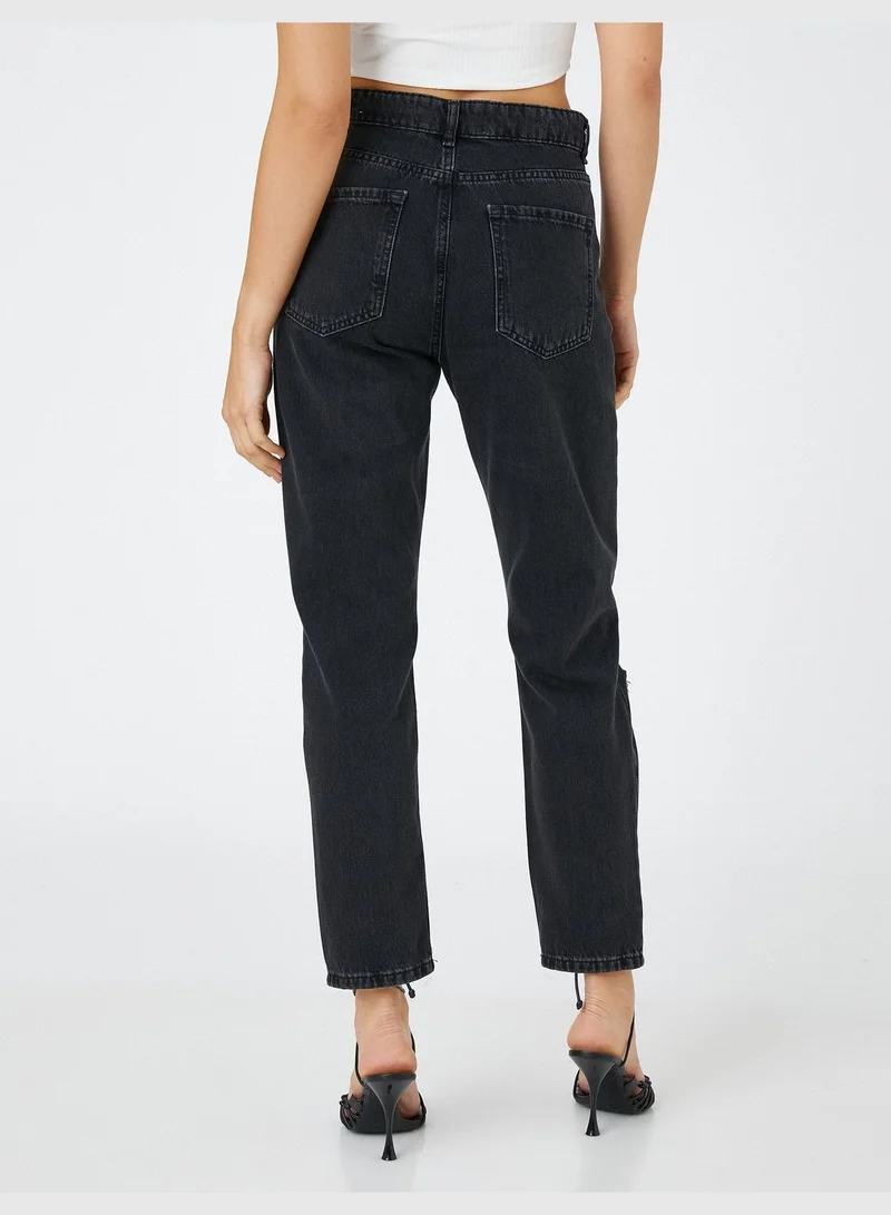 KOTON Destroyed High Waist Denim Trousers - Mom Jean