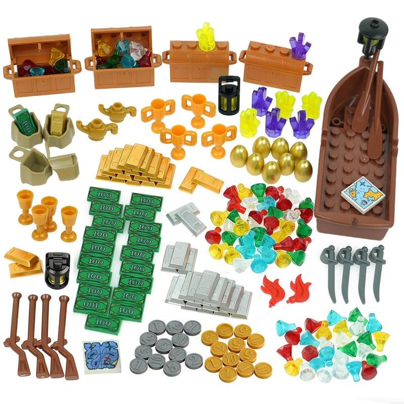Pamvava 228pcs Money Treasure Bank Pirate Ships Accessories Cash Chest Maps Dollar Jewel Gems Diamonds Gold Bar Coins Goblet Map Crystals Bill Cash Bricks Pieces Parts Sets Friends City Building Blocks - Image 3