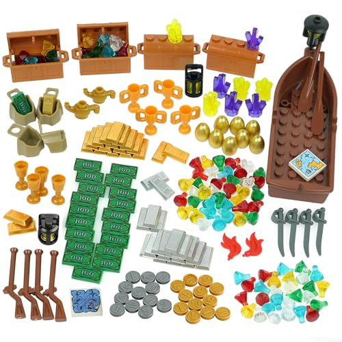 Pamvava 228pcs Money Treasure Bank Pirate Ships Accessories Cash Chest Maps Dollar Jewel Gems Diamonds Gold Bar Coins Goblet Map Crystals Bill Cash Bricks Pieces Parts Sets Friends City Building Blocks - Image 1