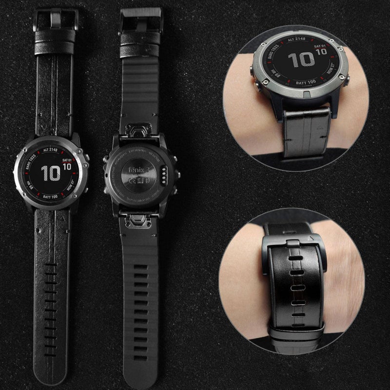 Abanen Genuine Leather Hybrid Silicone Watch Band for Garmin Fenix 7X / 6X / 5X Plus, Tactix Delta, Fenix 3, Enduro - Black - Image 5