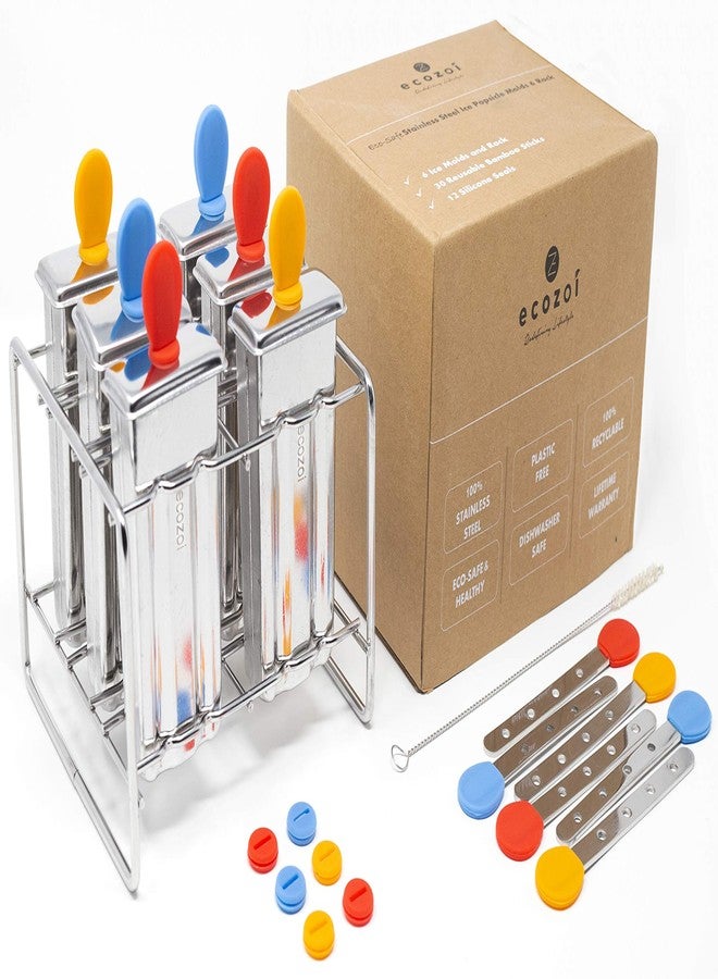 Ecozoi Stainless Steel Popsicle Molds - Reusable Metal Paleta Maker Set with 6 Molds, 6 Sticks, 12 Silicone Seals & Cleaning Brush - Easy Release Ice Pop Maker for Kids & Adults, 3 oz Each - Image 1