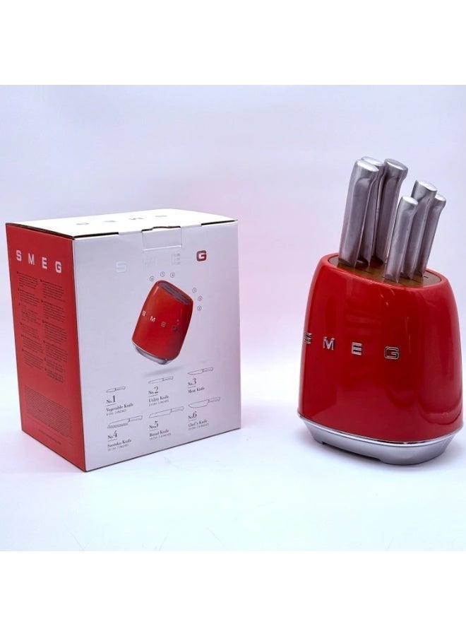 Smeg Knife Block, 6 Knives Included in Stainless Steel, Stainless Steel Block Body and Knife Slot, Acacia Wood, Red - Image 2