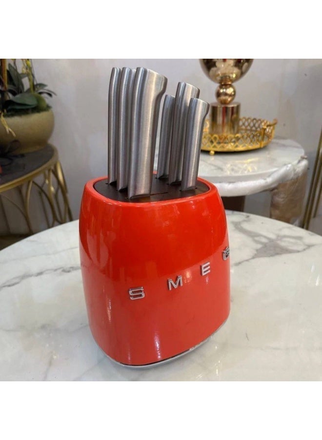 Smeg Knife Block, 6 Knives Included in Stainless Steel, Stainless Steel Block Body and Knife Slot, Acacia Wood, Red - Image 1