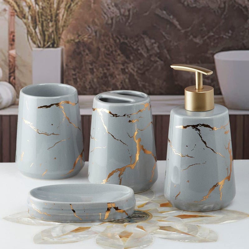 SaSaSa Ceramic Bathroom Accessories Set of 4 Modern Bath Set with Soap Dispenser & Toothbrush Holder, Luxury Home & Gift Idea, Grey/Gold (9748) - Image 3