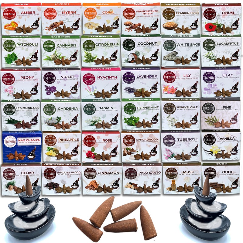 Trumiri Backflow Incense Cones for Waterfall Fountain 12 Random Scents Insence Insenses Large Long Lasting Variety Pack Inciensos 10 Cones per Scent Total 120 Conos