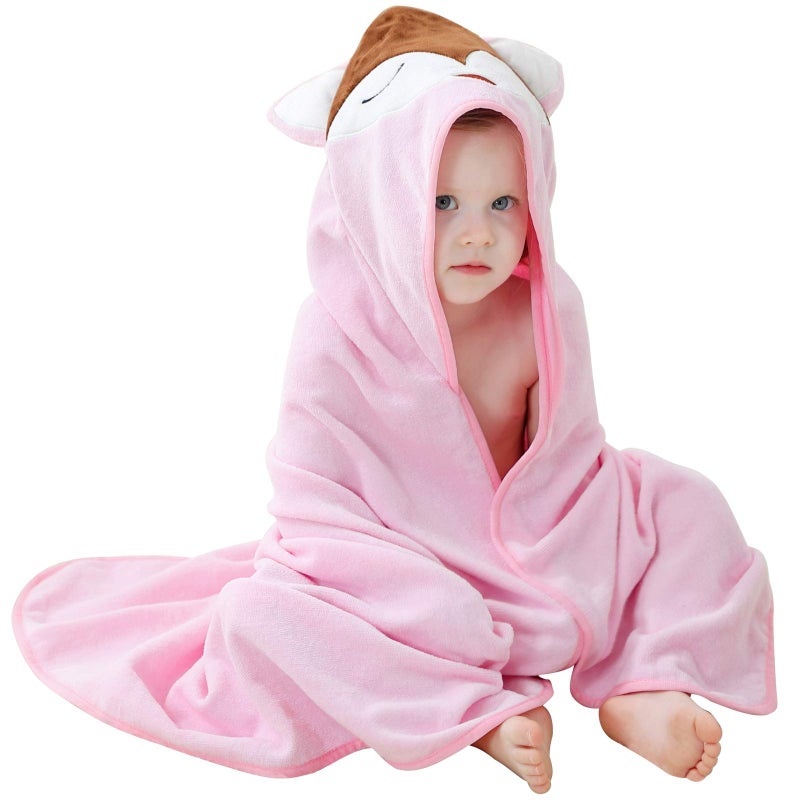 MICHLEY Unisex Baby Animal Hooded Bath Towel Soft Cotton Beach Swimming Bathrobe for 0-6T, Pink Fox - Image 1