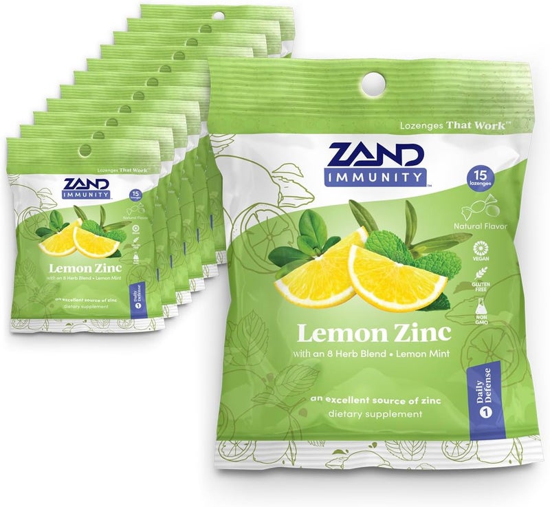ZAND Zand Immunity Lemon Zinc HerbaLozenge | Soothing Throat Drops | No Corn Syrup, No Cane Sugar (12 Bags, 15 Lozenges)