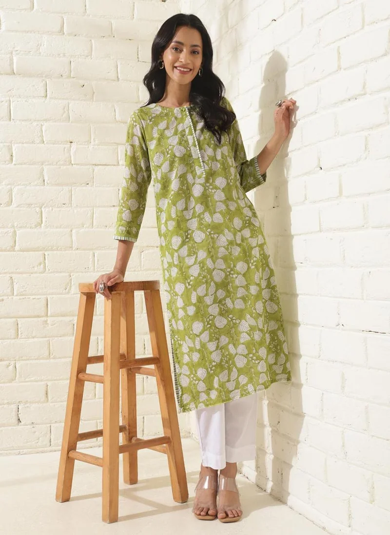 Fabindia Green Cotton Hand Block Printed Long Kurta