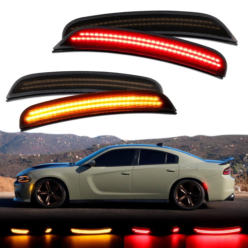 أضواء جانبية LED ديناميكية حمراء كهرمانية من فتون أوتو لدودج تشارجر 2015 2016 2017 2018 2019 2020 2021 2022 2023 2024 عدسة مدخنة أمامية وخلفية لمصباح عاكس بمصد تشارجر 4 قطع