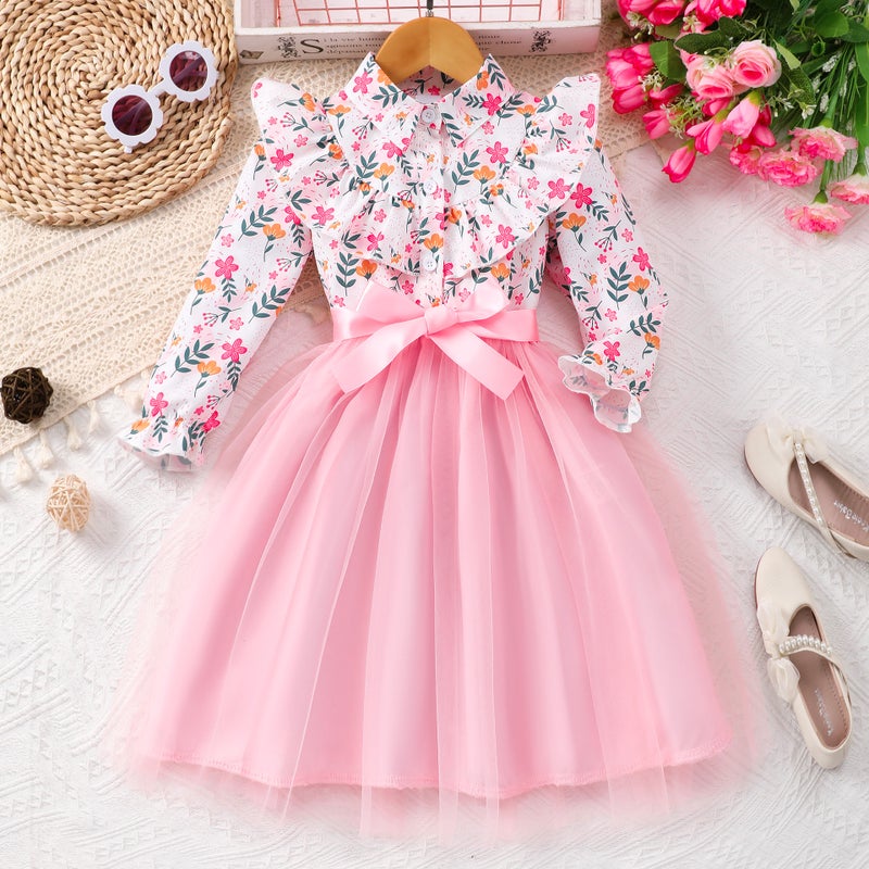 New Girls Big Boy Long Sleeve Lel Floral Printed Mesh dress Woven Belt PK 