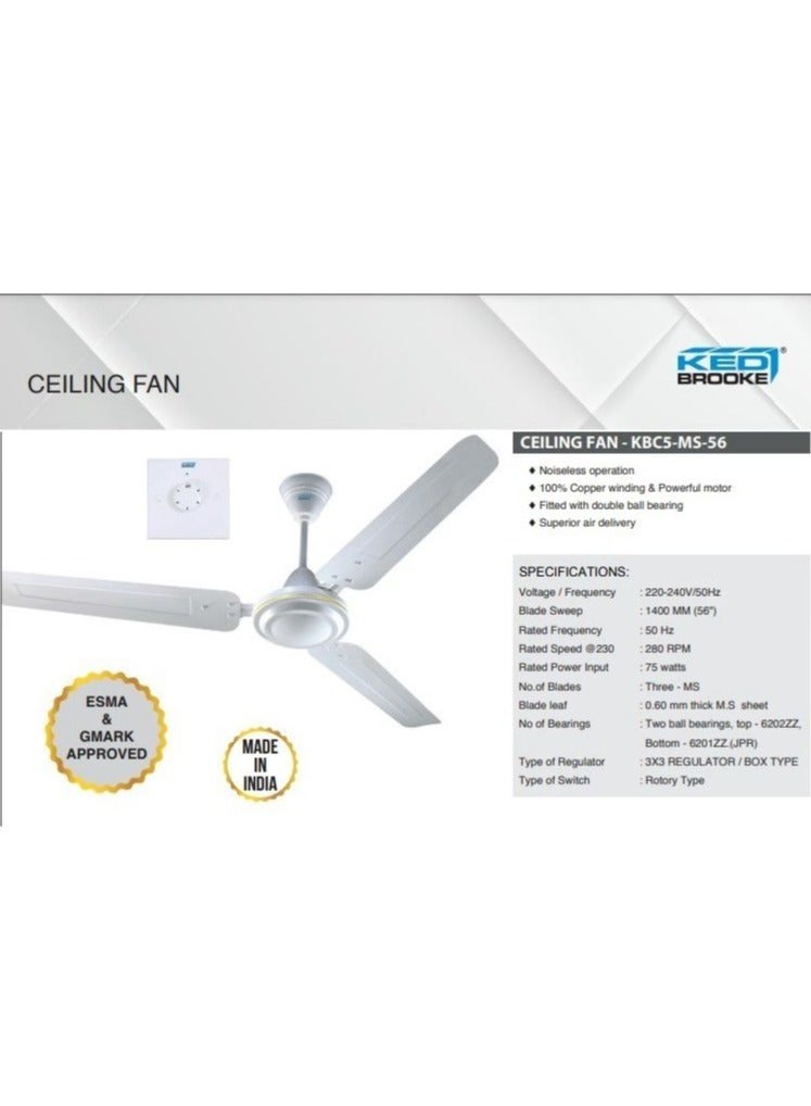 KED 56-Inch Ceiling Fan with 5-Speed Dimmer | 220V-240V, 75W Copper Motor | High-Performance Iron & PC Body | Silent Operation | Ideal for Home, Office & Commercial Use - Image 3