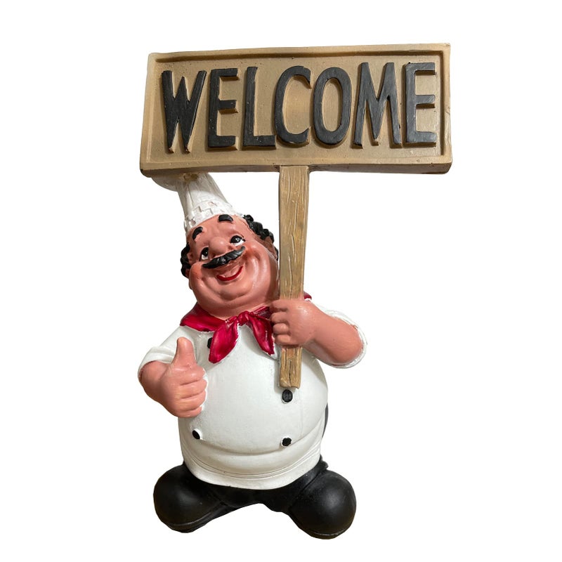 Holding Welcome Board Resin Figures DecorativeFrench Chef Sculpture Modern Desktop Statue Ornament for Home Kitchen Cook Bar Coffee Restaurant Decor