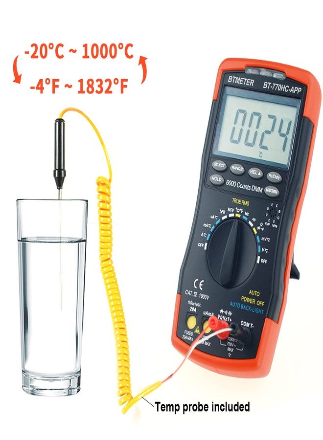 BTMETER Digital Multimeter, Handheld TRMS 6000 Multi Meter Auto Range Voltmeter Ammeter Measure AC DC Volt Amp Ohm Continuity Capacitance Frequency Diode hFE Transistor Temp 770HC-APP - Image 5