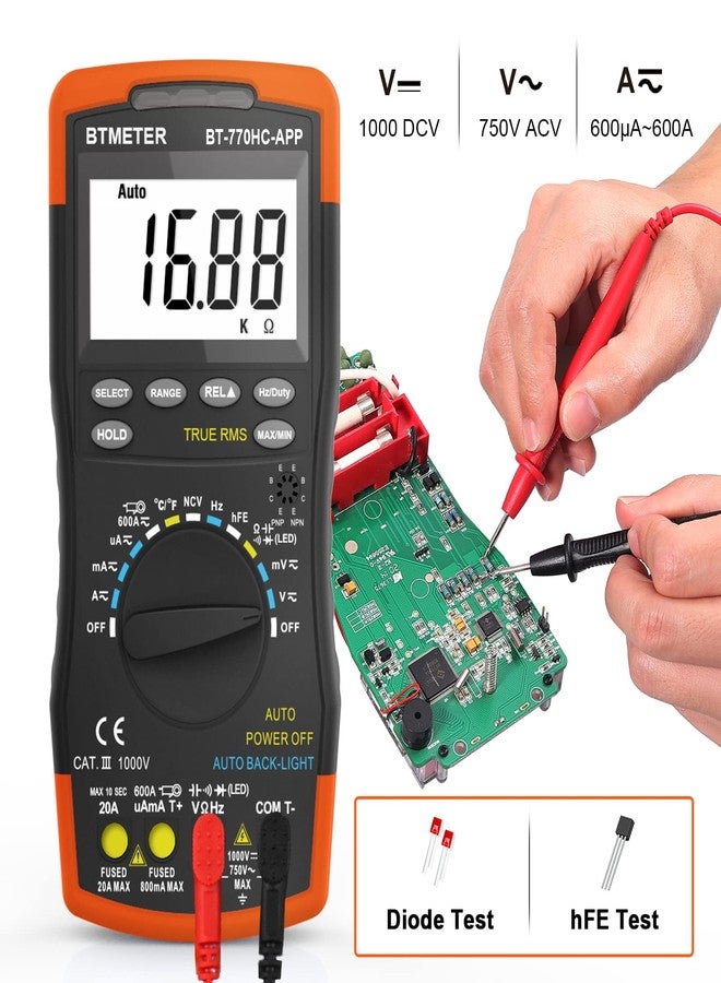 BTMETER Digital Multimeter, Handheld TRMS 6000 Multi Meter Auto Range Voltmeter Ammeter Measure AC DC Volt Amp Ohm Continuity Capacitance Frequency Diode hFE Transistor Temp 770HC-APP - Image 3