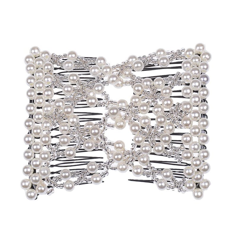 LOVEF Easy Magic Hair Combs Sweet Color Exquisite Pearl Beaded Double Hair combs Clips Stretchable Hair Side combs Hair Styling Combs Hairpin Hair Accessories for Women Wedding Prom Party White