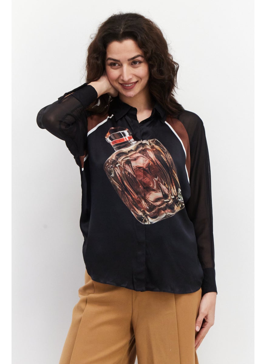 Couture Made For Vero Moda - Women Spread Collar Long Sleeve Allover Printed Blouse, Black - Image 1