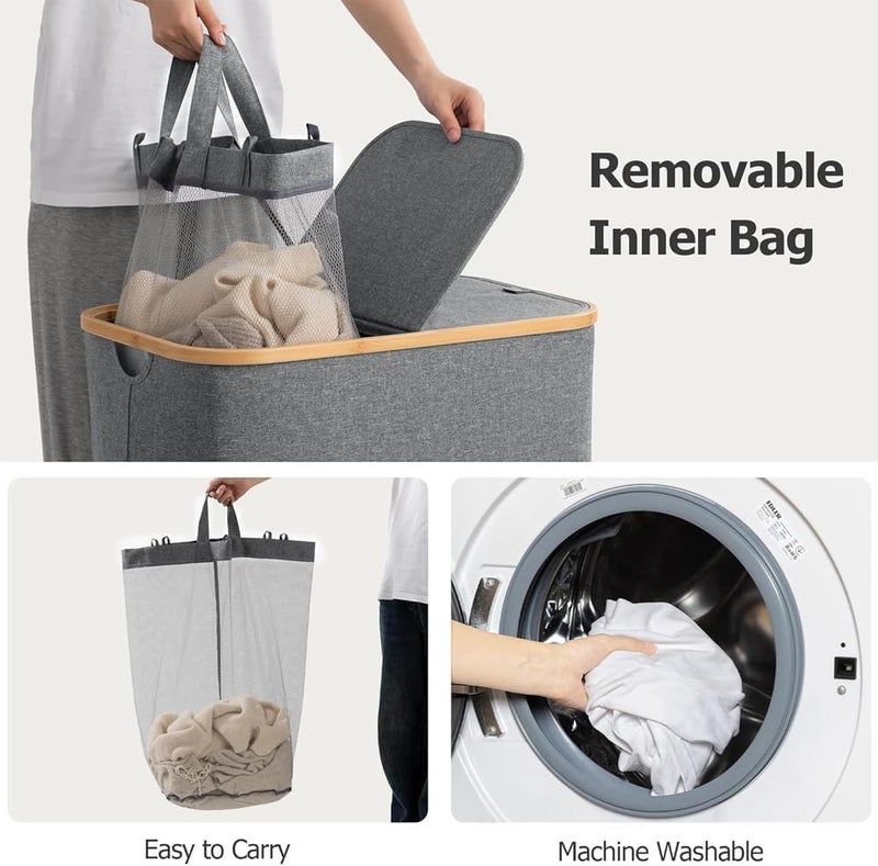 XVersion 3-Bag Laundry Hamper with Lid – Removable Liner Bags & Sorting Labels, Collapsible Clothes Basket for Dark/Light/Delicates, Bathroom & Bedroom (Grey) - Image 2