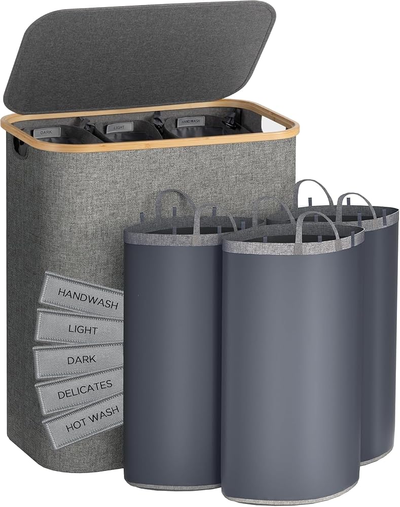 XVersion 3-Bag Laundry Hamper with Lid – Removable Liner Bags & Sorting Labels, Collapsible Clothes Basket for Dark/Light/Delicates, Bathroom & Bedroom (Grey) - Image 1