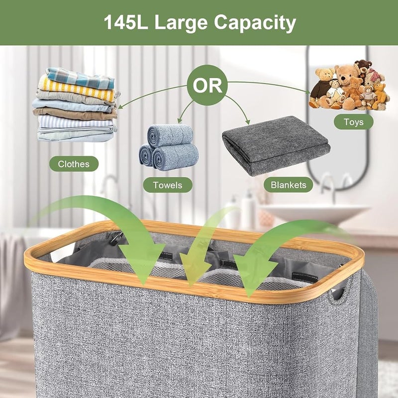 XVersion 3-Bag Laundry Hamper with Lid – Removable Liner Bags & Sorting Labels, Collapsible Clothes Basket for Dark/Light/Delicates, Bathroom & Bedroom (Grey) - Image 5