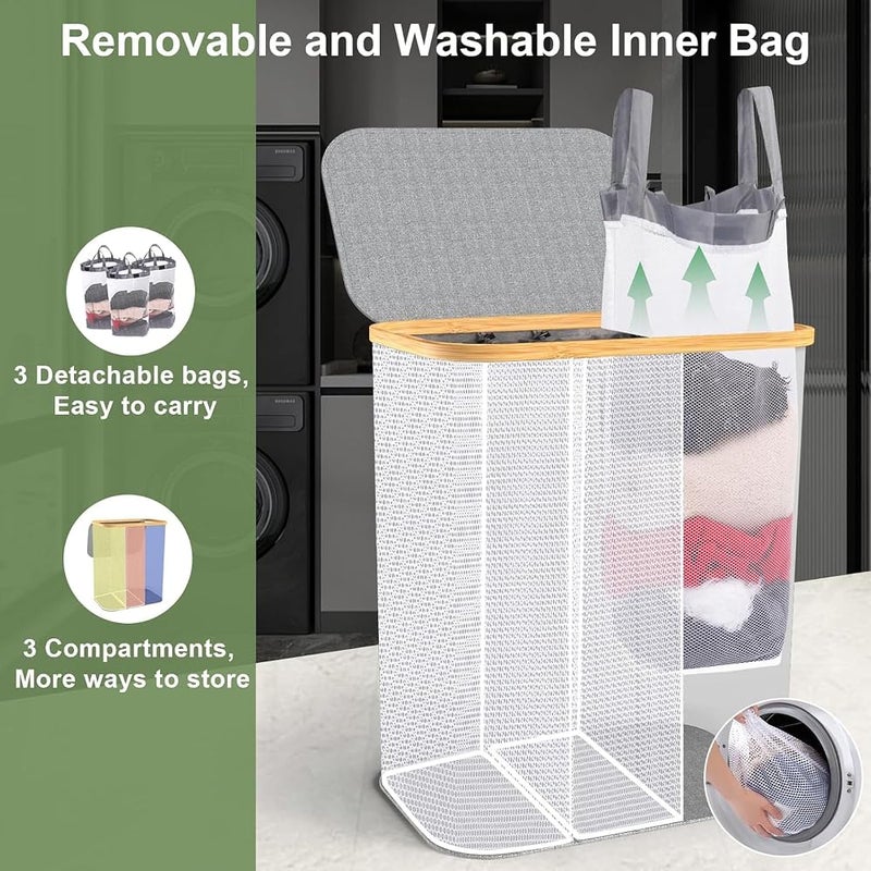 XVersion 3-Bag Laundry Hamper with Lid – Removable Liner Bags & Sorting Labels, Collapsible Clothes Basket for Dark/Light/Delicates, Bathroom & Bedroom (Grey) - Image 4