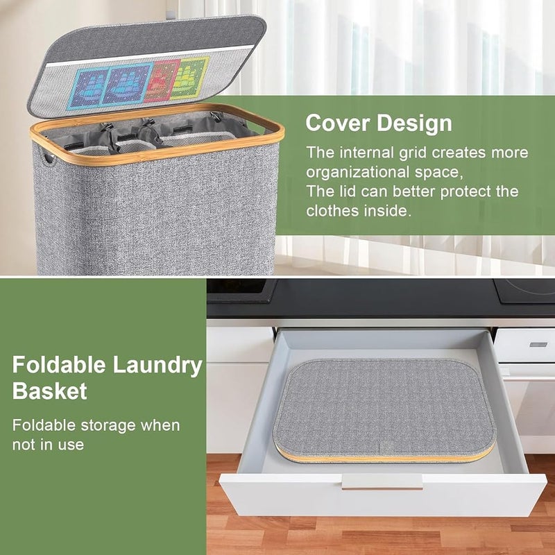 XVersion 3-Bag Laundry Hamper with Lid – Removable Liner Bags & Sorting Labels, Collapsible Clothes Basket for Dark/Light/Delicates, Bathroom & Bedroom (Grey) - Image 3