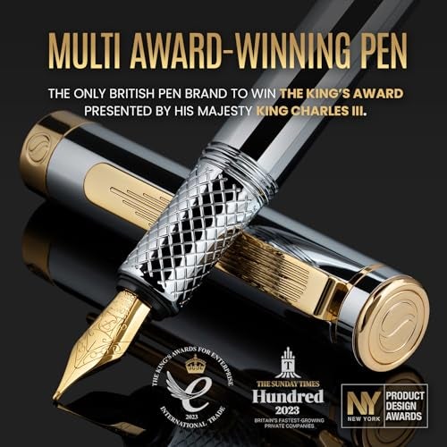 Scriveiner Silver Chrome Fountain Pen (Fine), Award Winning, Heavy Pocket Stunning Luxury Pen, Real Gold Plating and Genuine Schmidt Nib, Includes Converter, Fancy EDC Writing Gift Set for Men & Women - Image 2