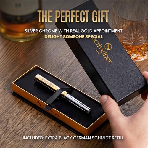 Scriveiner Silver Chrome Fountain Pen (Fine), Award Winning, Heavy Pocket Stunning Luxury Pen, Real Gold Plating and Genuine Schmidt Nib, Includes Converter, Fancy EDC Writing Gift Set for Men & Women - Image 3