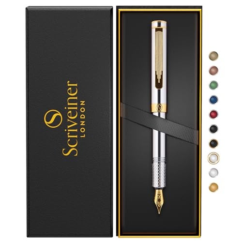 Scriveiner Silver Chrome Fountain Pen (Fine), Award Winning, Heavy Pocket Stunning Luxury Pen, Real Gold Plating and Genuine Schmidt Nib, Includes Converter, Fancy EDC Writing Gift Set for Men & Women - Image 1