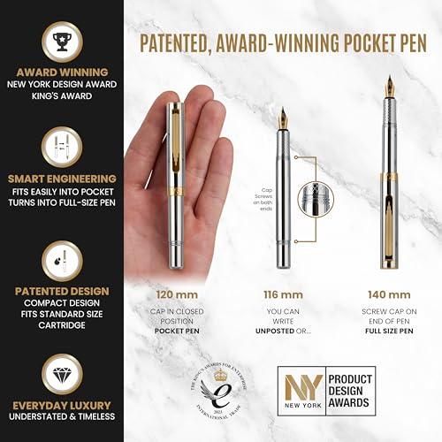 Scriveiner Silver Chrome Fountain Pen (Fine), Award Winning, Heavy Pocket Stunning Luxury Pen, Real Gold Plating and Genuine Schmidt Nib, Includes Converter, Fancy EDC Writing Gift Set for Men & Women - Image 4