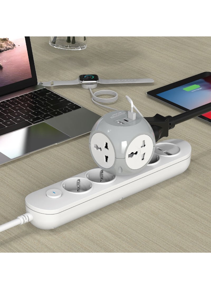 GREEN LION Multiport Travel Adapter 4W/ EU Plug / Safety Shutters / Compact & Lightweight / Durable Build / 4 Sockets/ 2 USB-A/ 1 USB-C / Brass Conductor - White  - Image 2