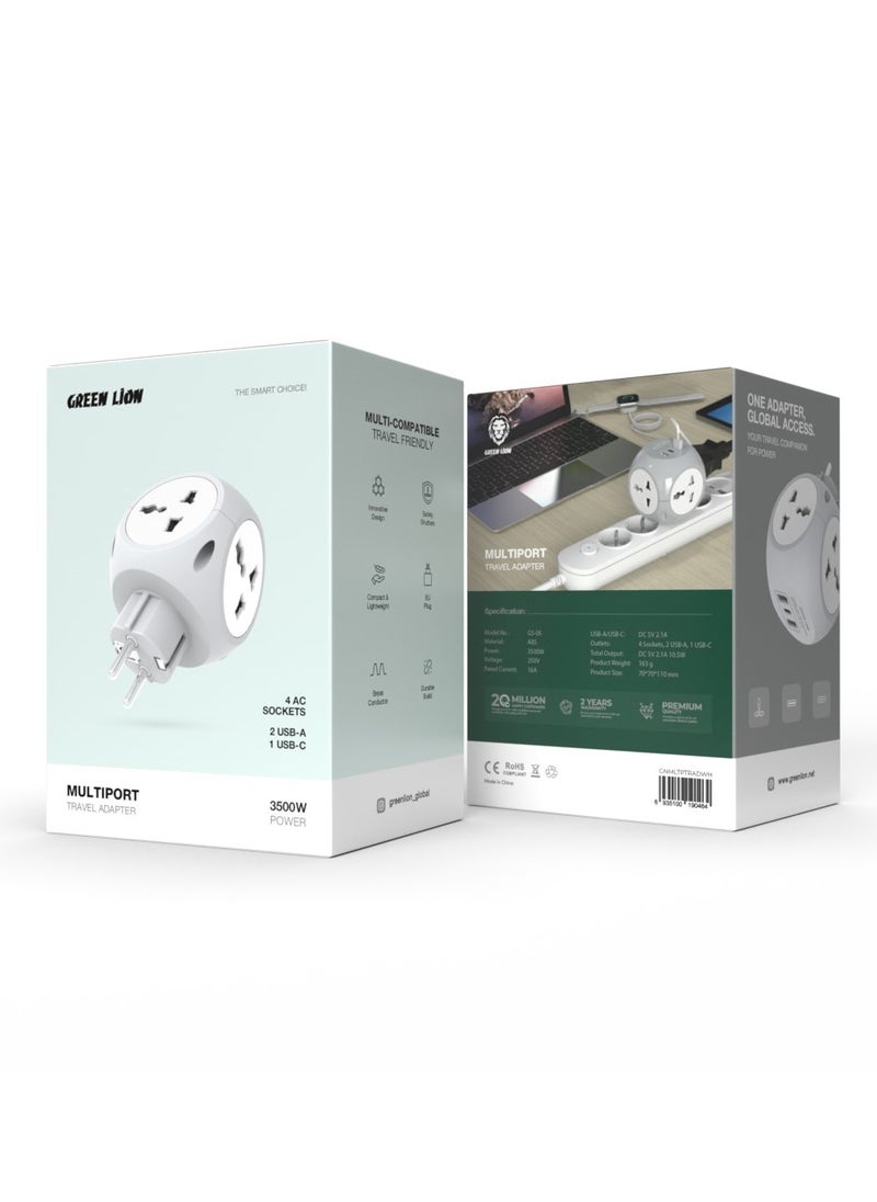 GREEN LION Multiport Travel Adapter 4W/ EU Plug / Safety Shutters / Compact & Lightweight / Durable Build / 4 Sockets/ 2 USB-A/ 1 USB-C / Brass Conductor - White  - Image 3