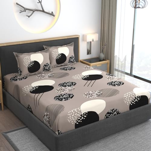 AMEYAA 350 TC Cotton Feel Glace All Around Elastic Fitted Floral Bedsheets Queen Size |Premium Super Soft Bedsheet for Double Bed |Fits Up to 8 to 10 Inches, 78x60, Beige Black - Image 2