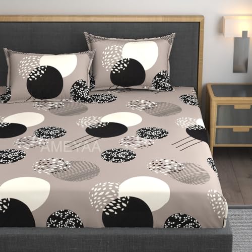 AMEYAA 350 TC Cotton Feel Glace All Around Elastic Fitted Floral Bedsheets Queen Size |Premium Super Soft Bedsheet for Double Bed |Fits Up to 8 to 10 Inches, 78x60, Beige Black - Image 1