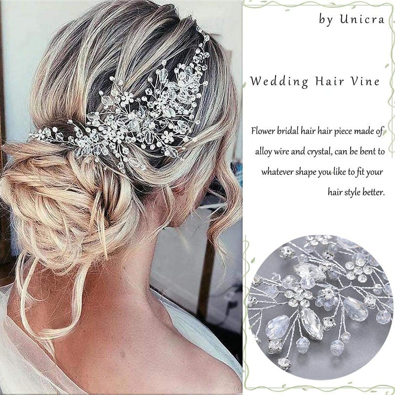 Unicra Bride Flower Wedding Hair Vine Crystal Bridal Hair Piece Rhinestone Party Hair Accessories Leaf Jewelry Bead Headpiece for Women and Girls (Silver) - Image 3