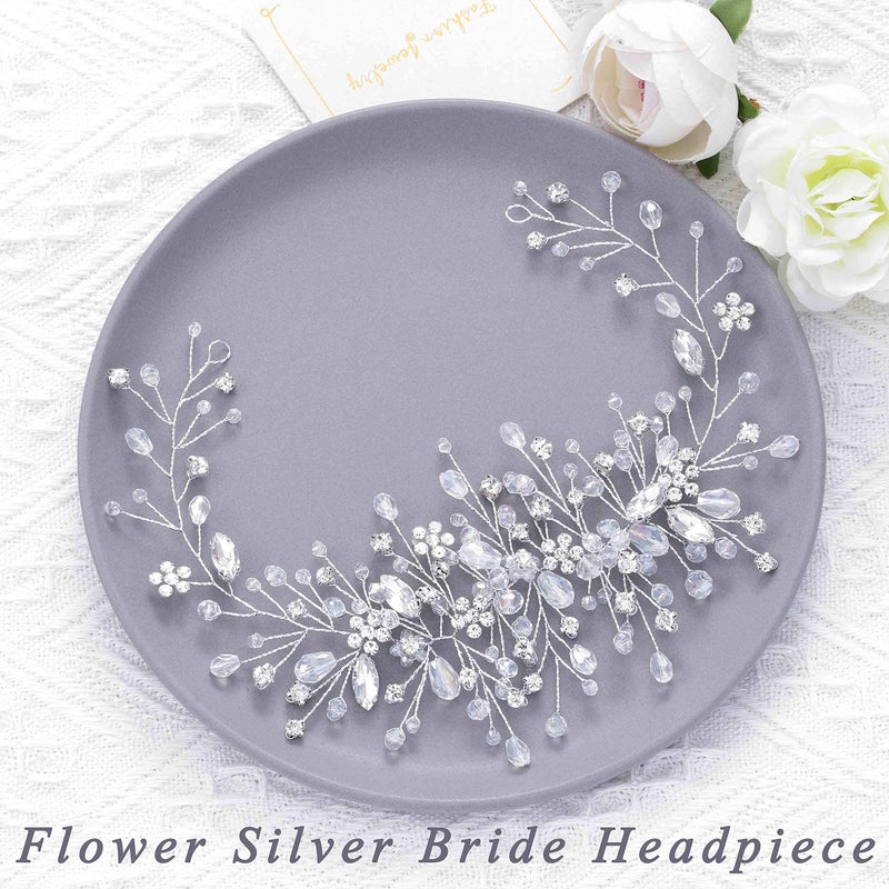 Unicra Bride Flower Wedding Hair Vine Crystal Bridal Hair Piece Rhinestone Party Hair Accessories Leaf Jewelry Bead Headpiece for Women and Girls (Silver) - Image 4