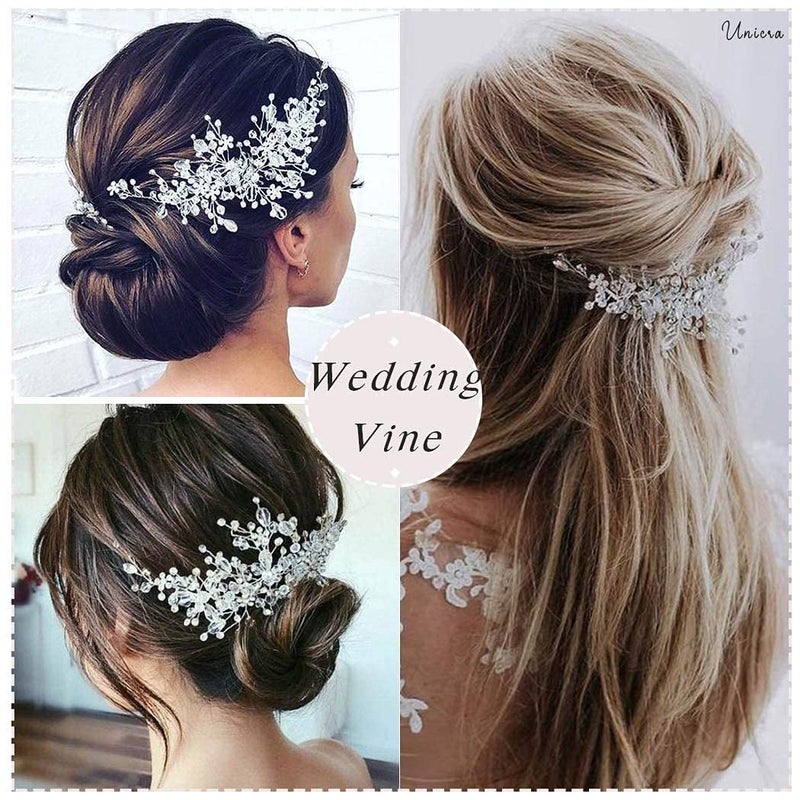 Unicra Bride Flower Wedding Hair Vine Crystal Bridal Hair Piece Rhinestone Party Hair Accessories Leaf Jewelry Bead Headpiece for Women and Girls (Silver) - Image 5