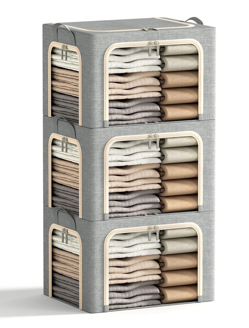Furnhome 3 Openings Clothes Storage Bins with Metal Frame, Foldable Storage Bin for Clothes, Clothing Storage Bins with Lid, Linen Storage Box With Clear Windowï¼† Zippersï¼† Durable Handles.(3 Pcs,Light Grey,40L) - Image 1