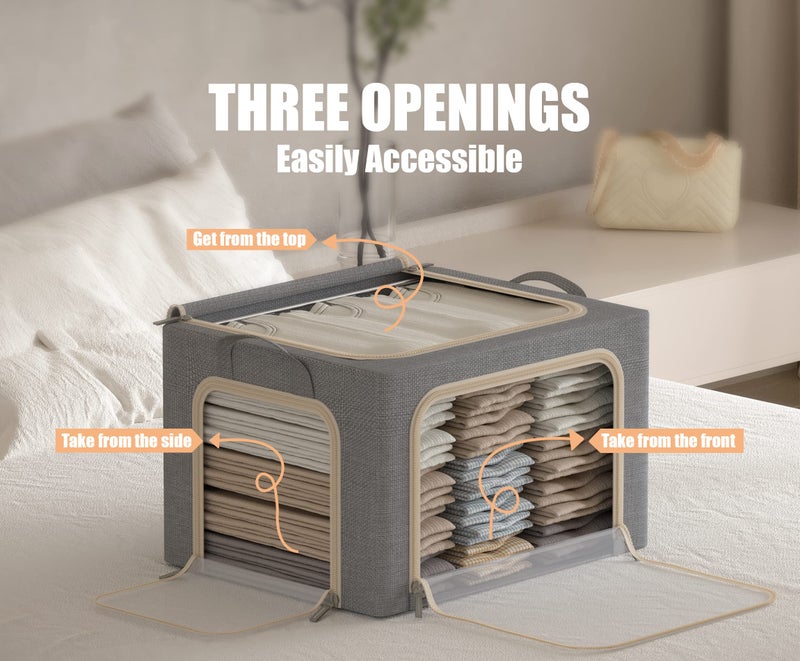 Furnhome 3 Openings Clothes Storage Bins with Metal Frame, Foldable Storage Bin for Clothes, Clothing Storage Bins with Lid, Linen Storage Box With Clear Windowï¼† Zippersï¼† Durable Handles.(3 Pcs,Light Grey,40L) - Image 3