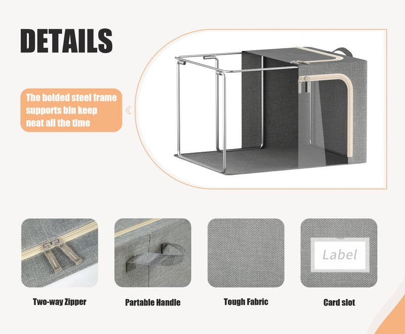 Furnhome 3 Openings Clothes Storage Bins with Metal Frame, Foldable Storage Bin for Clothes, Clothing Storage Bins with Lid, Linen Storage Box With Clear Windowï¼† Zippersï¼† Durable Handles.(3 Pcs,Light Grey,40L) - Image 4
