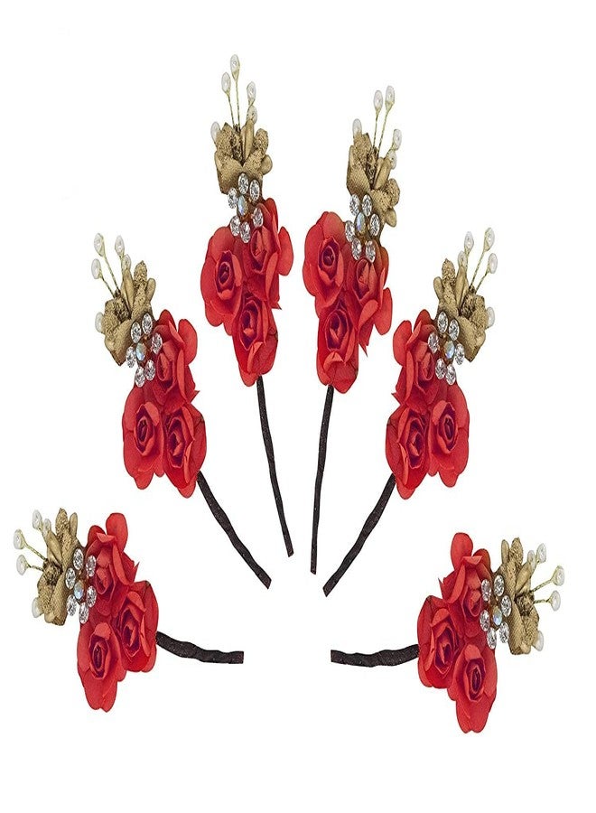 AASA Fancy Flower Juda Pins, Bun Making Stylish Pins for Girls, Women, Set of 6Pcs(Red) - Image 1